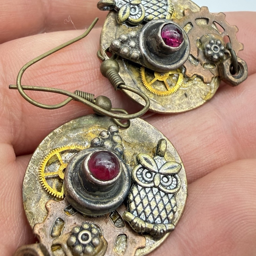 Steampunk Garnet Earrings Mixed Metal Boho Clock Chain Owl Artisan